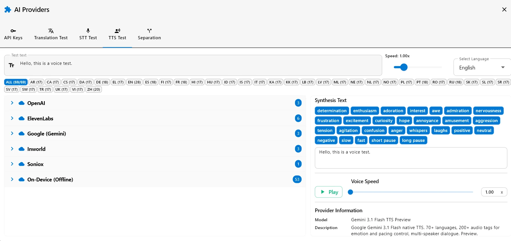 AI Video Translator TTS Test auditioning AI voices across OpenAI, ElevenLabs, Google Gemini, Inworld, Soniox and 53 on-device models, filtered by language, with emotion and style tags such as whispers, laughs and slow.